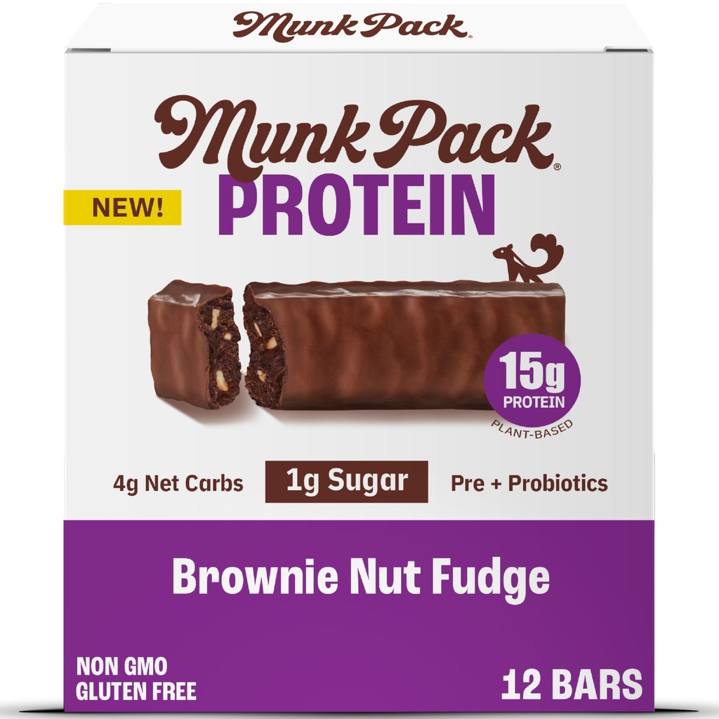 Munk Pack Keto Protein Bars, Brownie Nut Fudge - 15g Protein Snacks with Low Sugar, Healthy Pre & Probiotics, 4g Net Carbs - Gluten Free & Diabetic Friendly - 12 Count