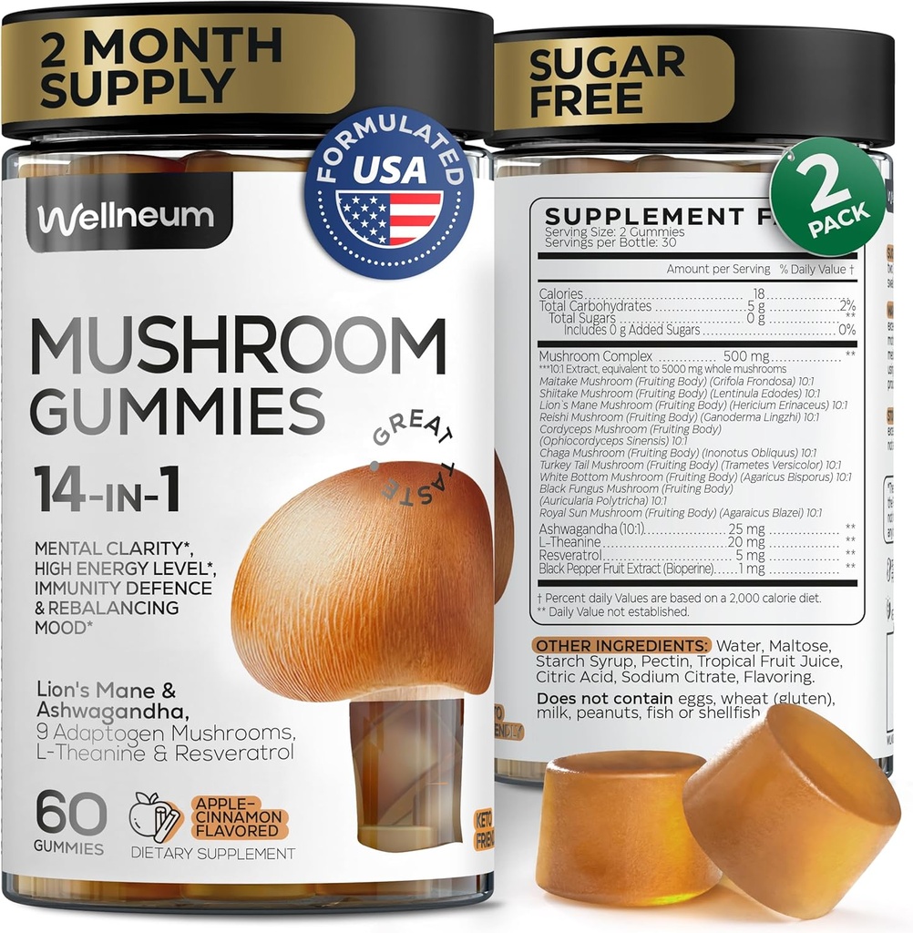 Mushroom Gummies 5000 Mg 120 Pcs (2 Pack) - Lion's Mane and 9 Adaptogenic Mushrooms Blend - Ashwagandha, L-Theanine - Mushroom Gummies for Energy, Immunity, Focus, Brain Boost - No Sugar and GMO