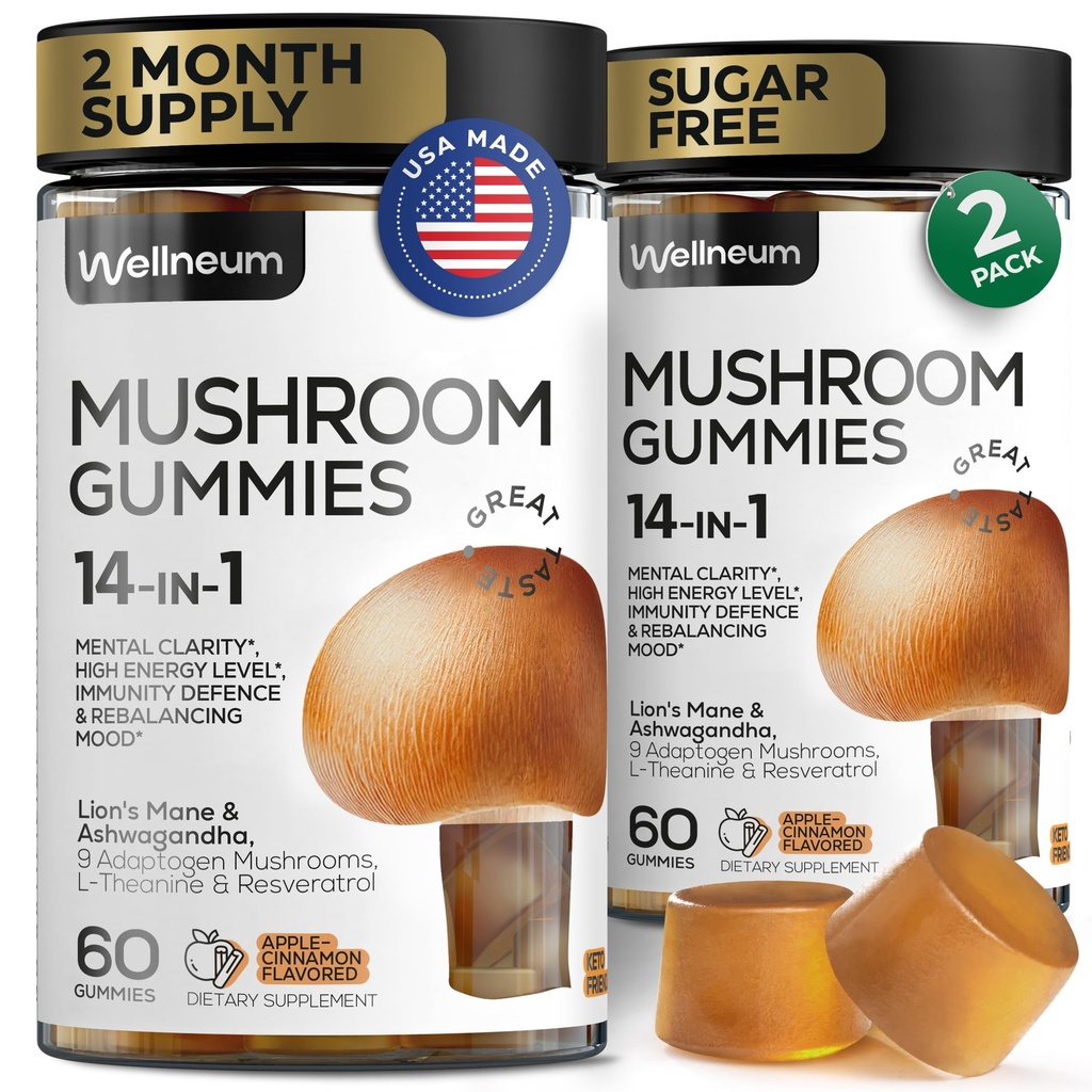 Mushroom Gummies 5000 Mg 120 Pcs (2 Pack) - Lions Mane og 9 Adaptogene Svampe Blend - Ashwagandha, L- Theanine - Mushroom Gummies for Energy, Immunity, Focus, Brain Boost - Ingen sukker og GMO