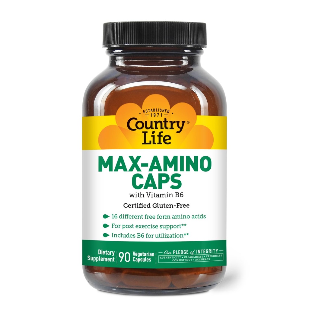 Country Life Max-Amino Caps – 16 Free Form Amino Acids with Vitamin B6 – Amino Acid Complex for Post Workout Support – Gluten Free – 90 Capsules