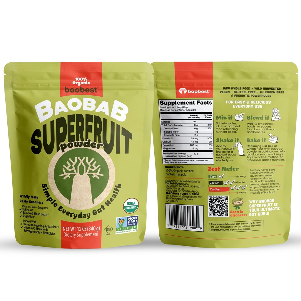 Baobest Organic Baobab Fruit Powder, Raw Superfood with Vitamin C and Prebiotic Fiber, for Immune Support and Gut Health, Gluten-Free, GLP-1 Support - 12 Ounce Bag