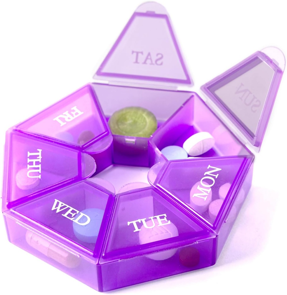 Deke Home - Lille Ugentlig Pill Organizer, Round Pill Dispenser til Rejser, Mini Pill Organizer, Compact Medicine Holder, Pill Sorters 7 dage, Portable Vitamin Container, BPA Free (Food Grade)
