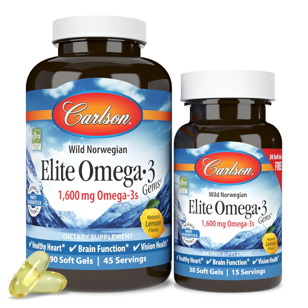 Carlson Labs Elite Omega-3, 1600 mg, Gems Fish Oil Soft Gels, Natural Lemon Flavor, 2 Pack (120 Greve hver)