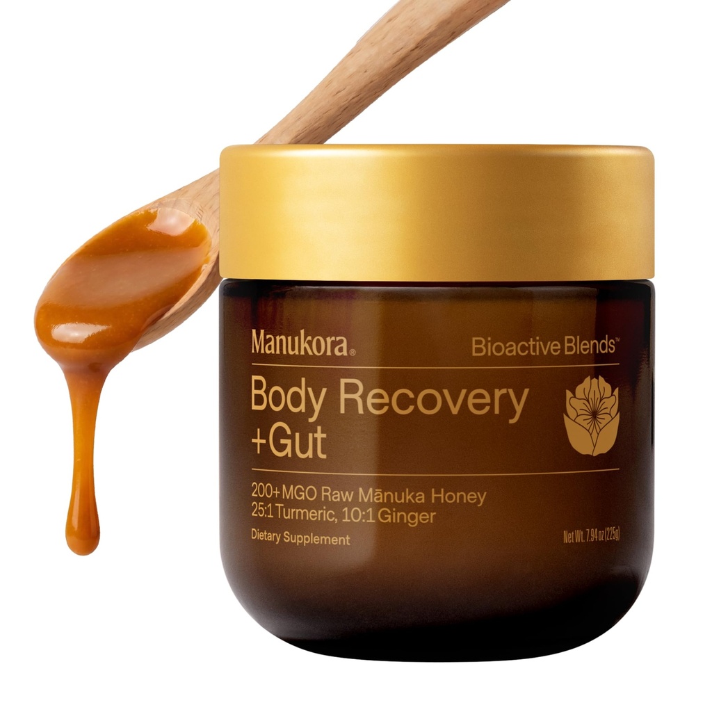 Manukora Body Recovery + Gut Supplement, Turmeric & Ginger with Manuka Honey, Supports Recovery, Gut Health & Digestive Comfort, Improved Absorption, 3rd-Party Tested, Non-GMO, 225g Jar