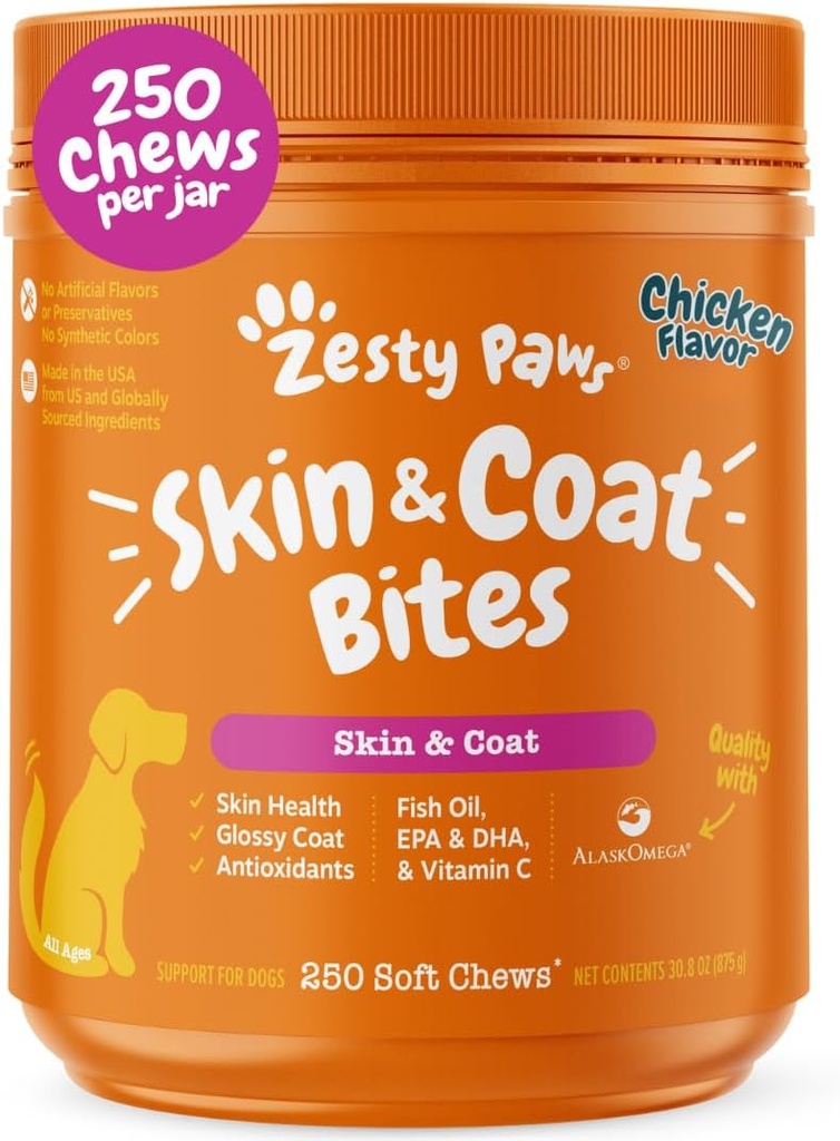 Zesess Paws Omega 3 Fiskeolie til hunde - Zesess Paw Hund Vitaminer og kosttilskud til Hip, Joint & Skin, Kylling (250 Chews)