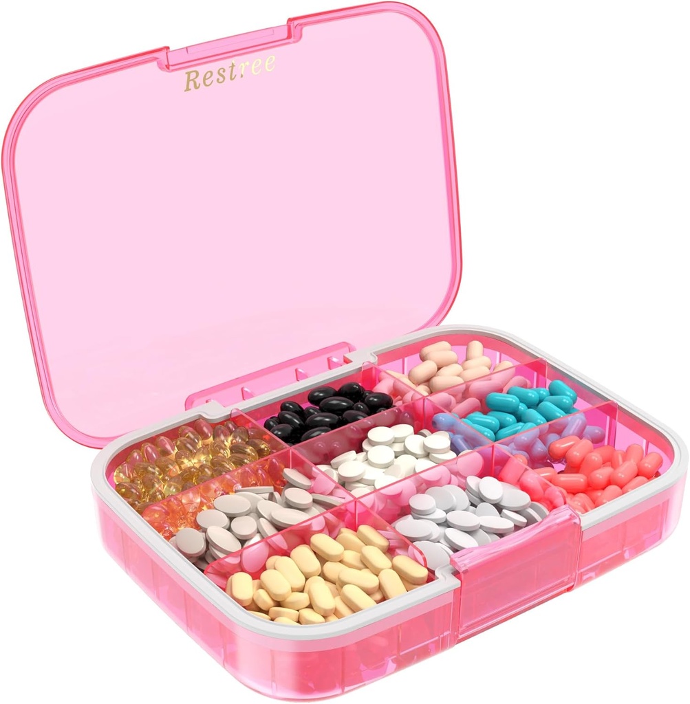 Restree Stor Pill Organizer, Fugt Bevis & Vandtæt Travel Pill Case, Bærbar Medicin Box med justerbar Dividers til Vitamin Kosttilskud Fish Oil og daglige piller 9 kompartmenter (Pink)