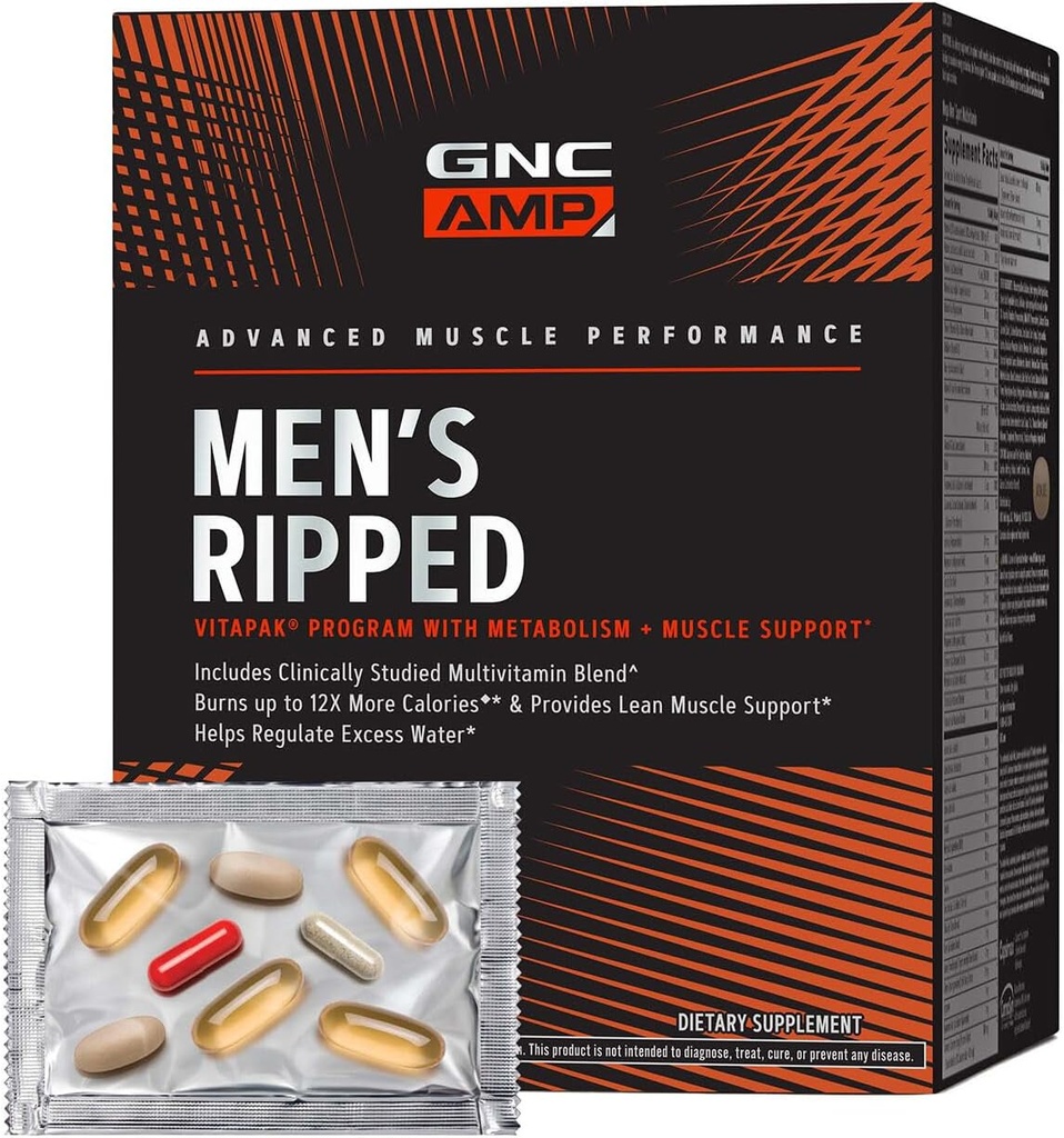GNC AMP Mænd Ripped Vitapak Program, 4 i 1 Produkt Vitamin Pack, Metabolisme & Lean Muscle Tone, Burn Calories, Water Sheding, Voksen Multivitamin, Koffein, CLA, Proven Ingredienser, 30-Day Supply