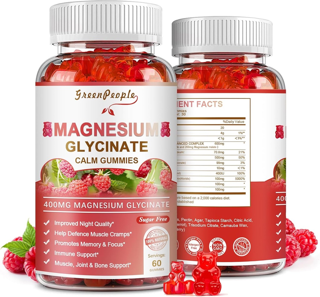GREENPEOPLE Magnesium Glycinate Gummies 400mg - Sukker fri Magnesium Kalium tillæg med Magnesium Malat, D-vitamin, B6, og CoQ10 for rolig støtte & søvn for voksne - Hindbær Gummies