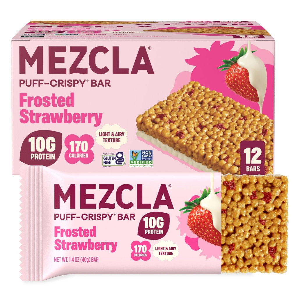 Mezcla Puff Crispy Protein Bars, Gluten Free & Vegan Protein Bars, 10g Protein, Alt for Crispy Rice Treat, Granola Bars & Breakfast Bars, Healthy Snacks for Adults, Frosted Strawberry, 12 Bars