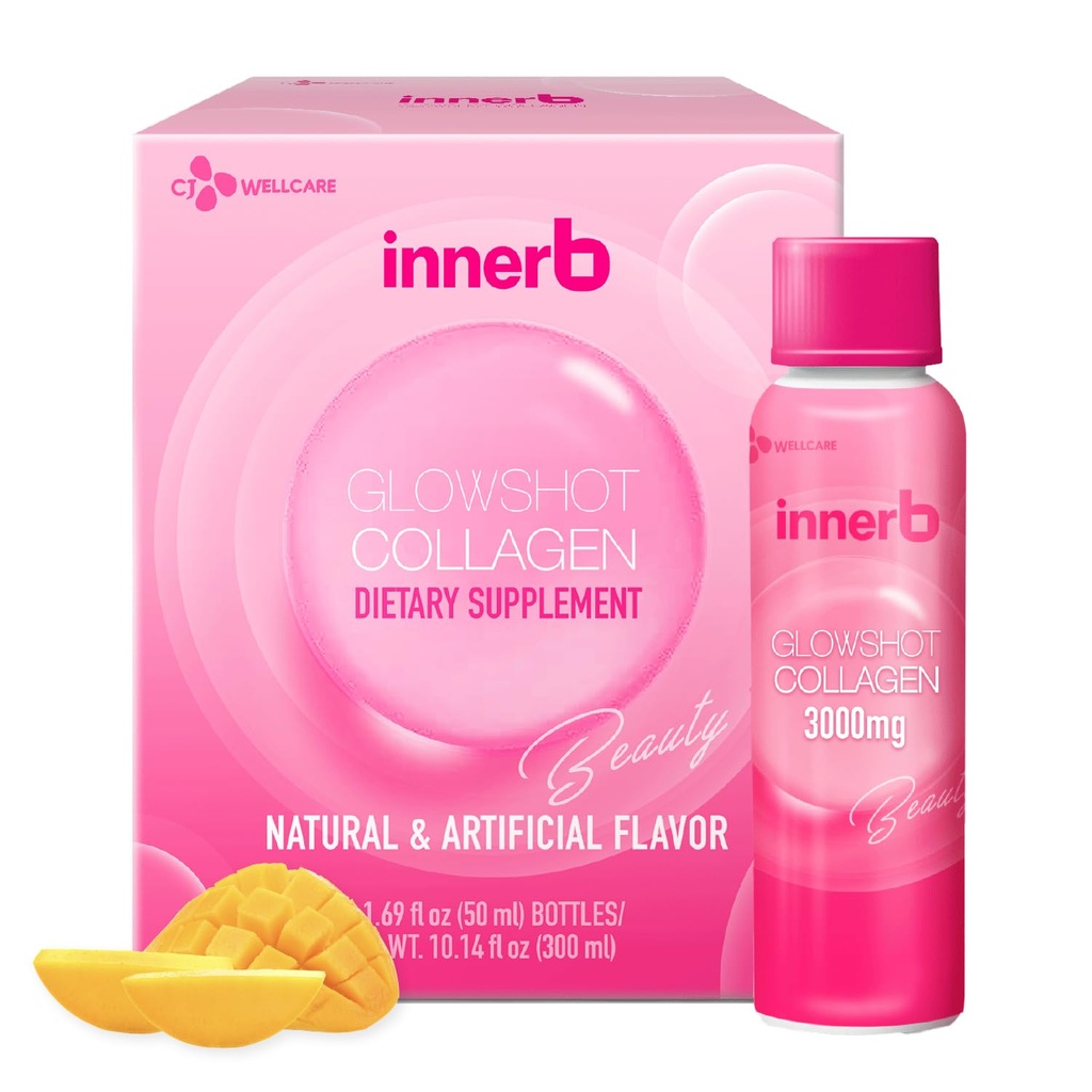 CJwellcare Innerb Glowshot Collagen (10,1 fl oz, 6 Servere) - Marine Flydende Collagen for kvinder, 3,000mg Collagen Peptider, Collagen Skud for høj absorption, hår, hud og negle supplement