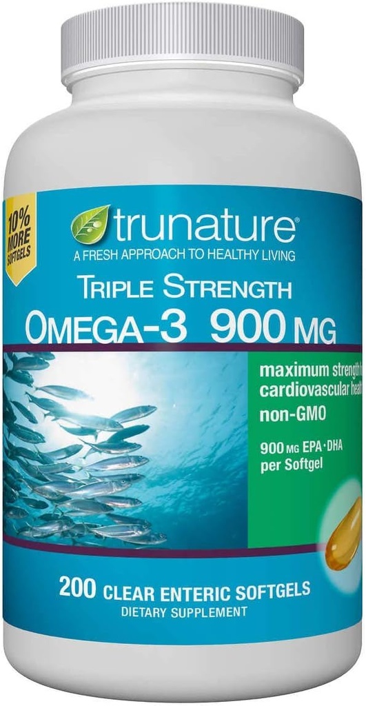 Non GMO Triple Strength Omega-3 900 mg., Total Fish Oil Concentrate 1425 mg - 200 Clear Enteric Softgels