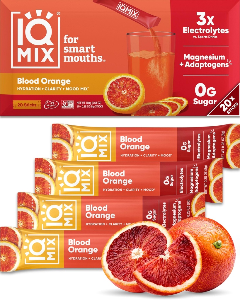 IQMIX Hydration Electrolyte Powder - 4-in-1 Formel til Hydration, Mental Klarhed, Mood og Inddrivelse - Sugar- Free Drink Mix, Keto, Magnesium L- Threonate, Lions Mane - 20 Count Blood Orange