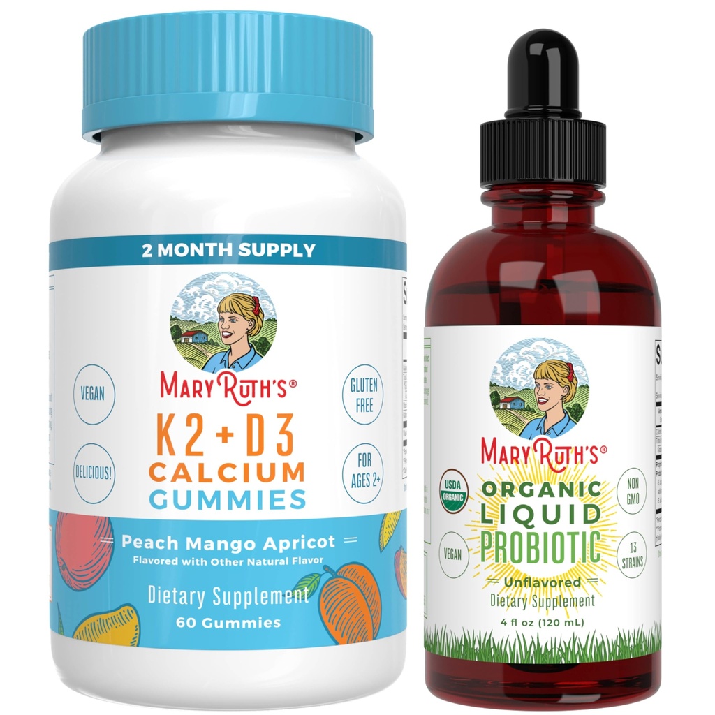 MaryRuth 's Vitamin K2 + D3 Gummies (Peach Mango & Apricot) & USDA Organic Probiotic Drops ttesmå 124; Clean Label Project Verified ® - 124; Vitamin til fælles støtte, & Samlet sundhedsværdi; Vegan, Non- GMO, Gluten Free