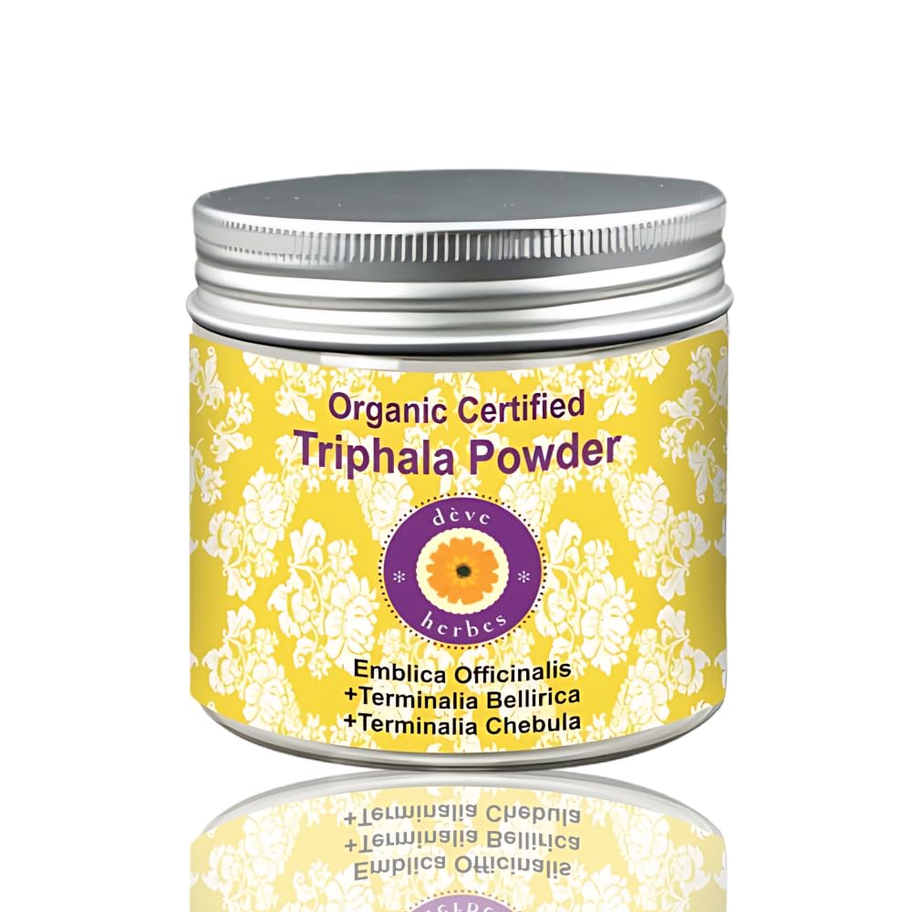 Deve Herbes Pure Triphla Powder (Empilica officinalis) + (Terminalia belerica) + (Terminalia chebula) Organic Certified Natural Therapeutic Grade 200gm, (7.05oz)