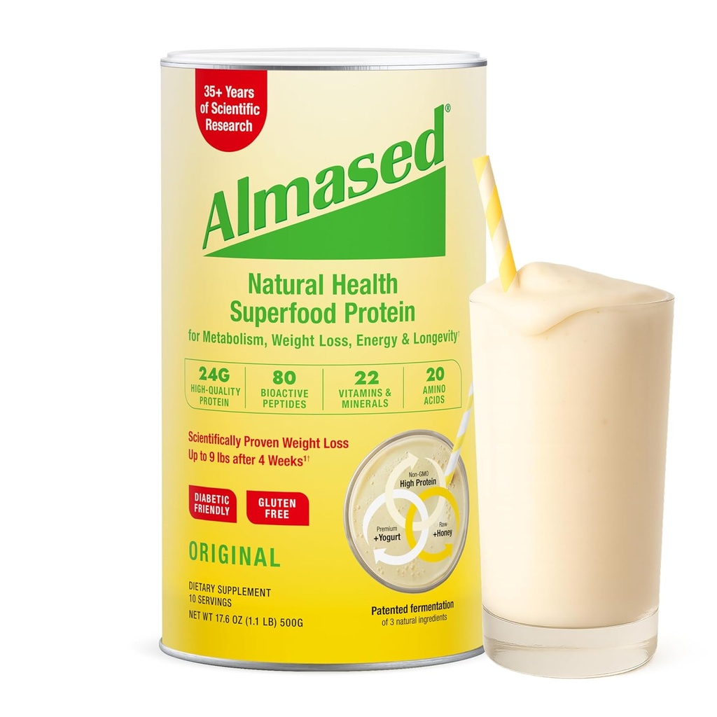Almased Meal Erstatning Shake - Low- Glycemic High Plant Base Protein Powder- Nutritional Weight Health Support Supplement - Original Flavor - 17,6 oz