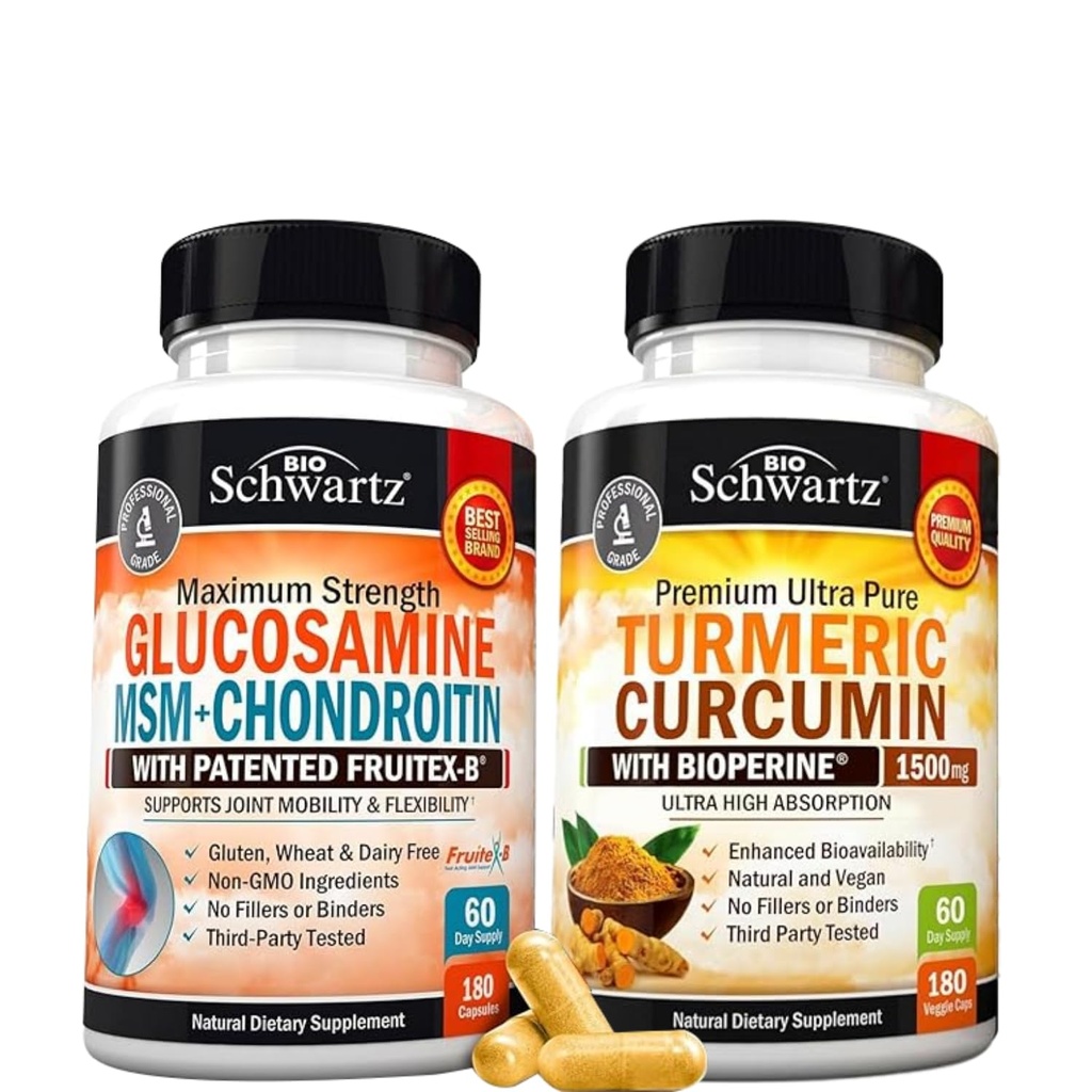 Glucosamine Chondroitin MSM Triple Strength Joint Support Supplement (2 Month Supply) Plus Turmeric Curcumin with Black Pepper Extract 1500mg Complex (2 Month Supply)