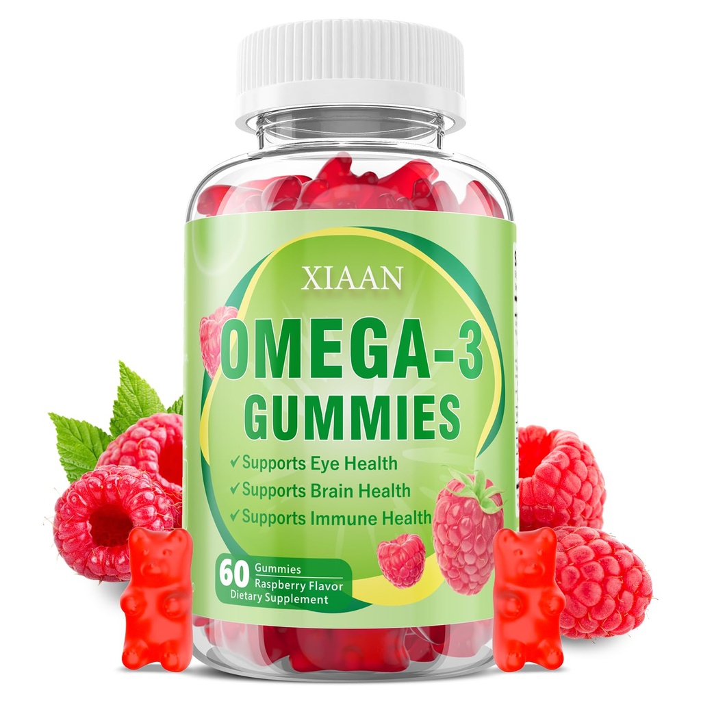 Omega 3 Gummies for Kids & Adults, DHA EPA Omega 3 Supplement for Women & Men Vitamins Omega-3 Fatty Acids 1000mg Support Eye & Brain Health, Sugar-Free/Vegan/Organic, Raspberry Flavor 60 Count