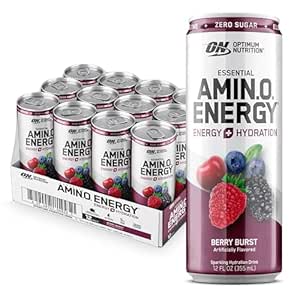 Optimum Nutrition Amino Energy Sparkling Hydration Drink, Elektrolyter, Koffein, Aminosyrer, BCAA, Sugar Free, Berry Burst, 12 Fl Oz, 12 Pack