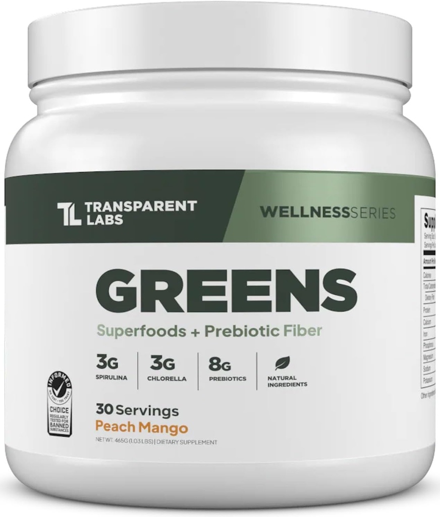 Transparent Labs Prebiotic Green - Superfood Powder & Antioxidants Supplement med Organic Spirulina, Chloerra, Acacia, & Green Banana Powder - 30 Servere, Peach Mango