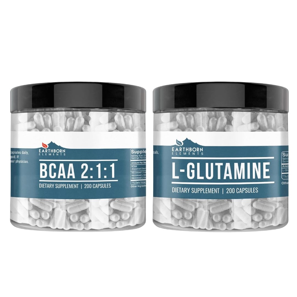 Earthborn Elements L-Glutamine & BCAA Bundle (200 Capsules Each), Pure & Undiluted, No Additives