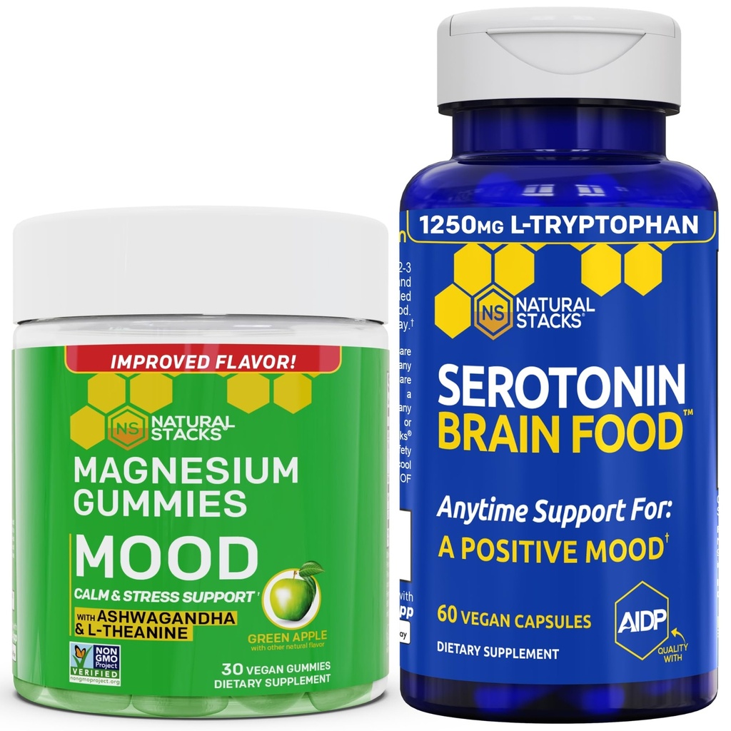 NATURLIGE STAKKER Mood Magnesium Citrate Gummies + Serotonin Brain Food Bundle - positiv mood & Stress support - 90 stykker