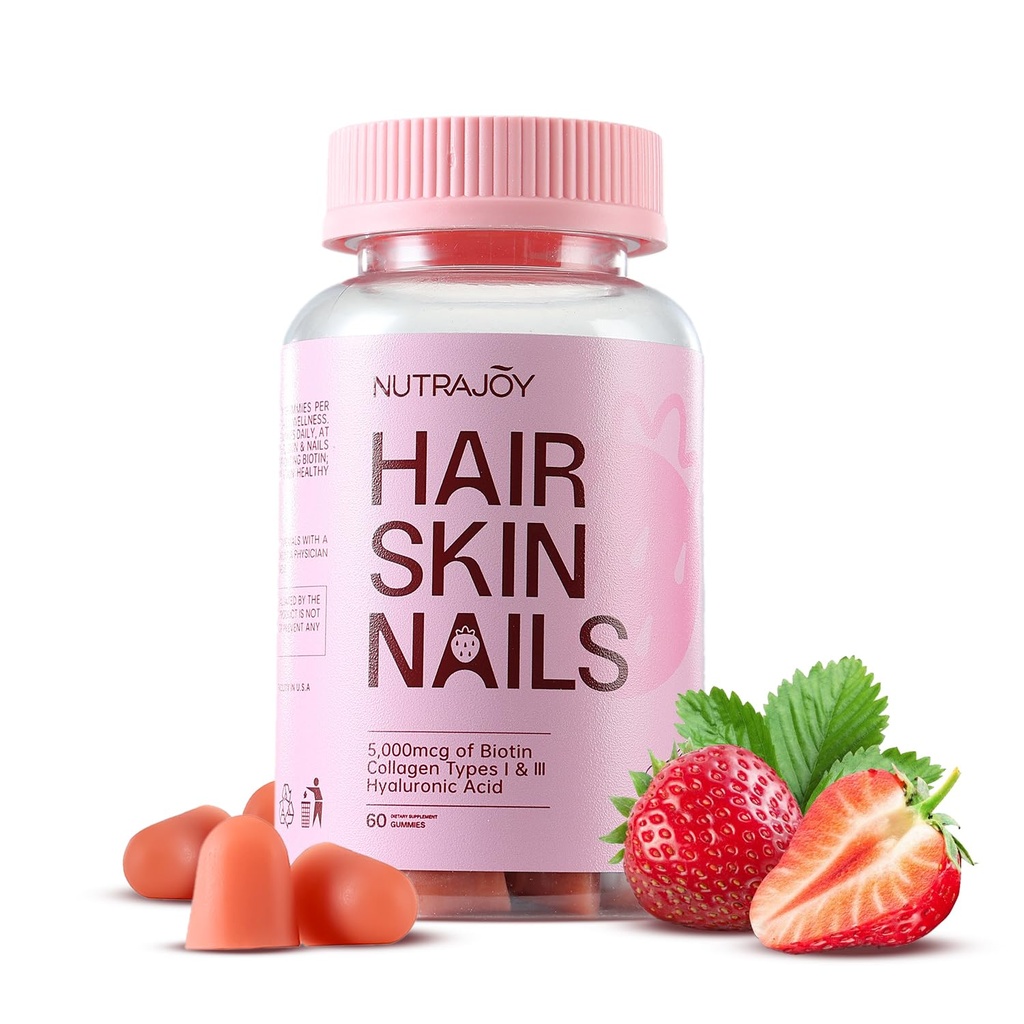 Hair Skin and Nails Gummies, 5000 mcg Biotin Gummies, Advanced Pectin Formula for Hair Growth Support and Radiant Appearance, biotin for Hair Growth Women, Strawberry Flavor, 60 Gummies