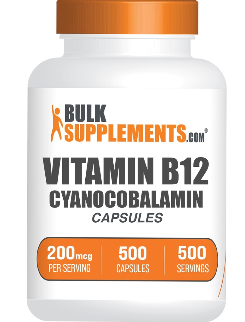BulkSupplements.com Vitamin B12 Kapsler - som Cyanocobalamin, Vitamin B tillæg, Vitamin B12 200 mcg - Energy Vitaminer, Gluten Free, 1 Kapsel per Servering, 500 Kapsler (Pakning med 1)