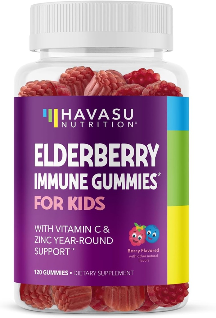 Elderberry Gummies for Kids with Zinc and Vitamin C - Immune Support Supplement for Children - 120 Count, Vegan, Berry Flavor - Convenient Daily Defense with Antioxidants and Essential Nutrients