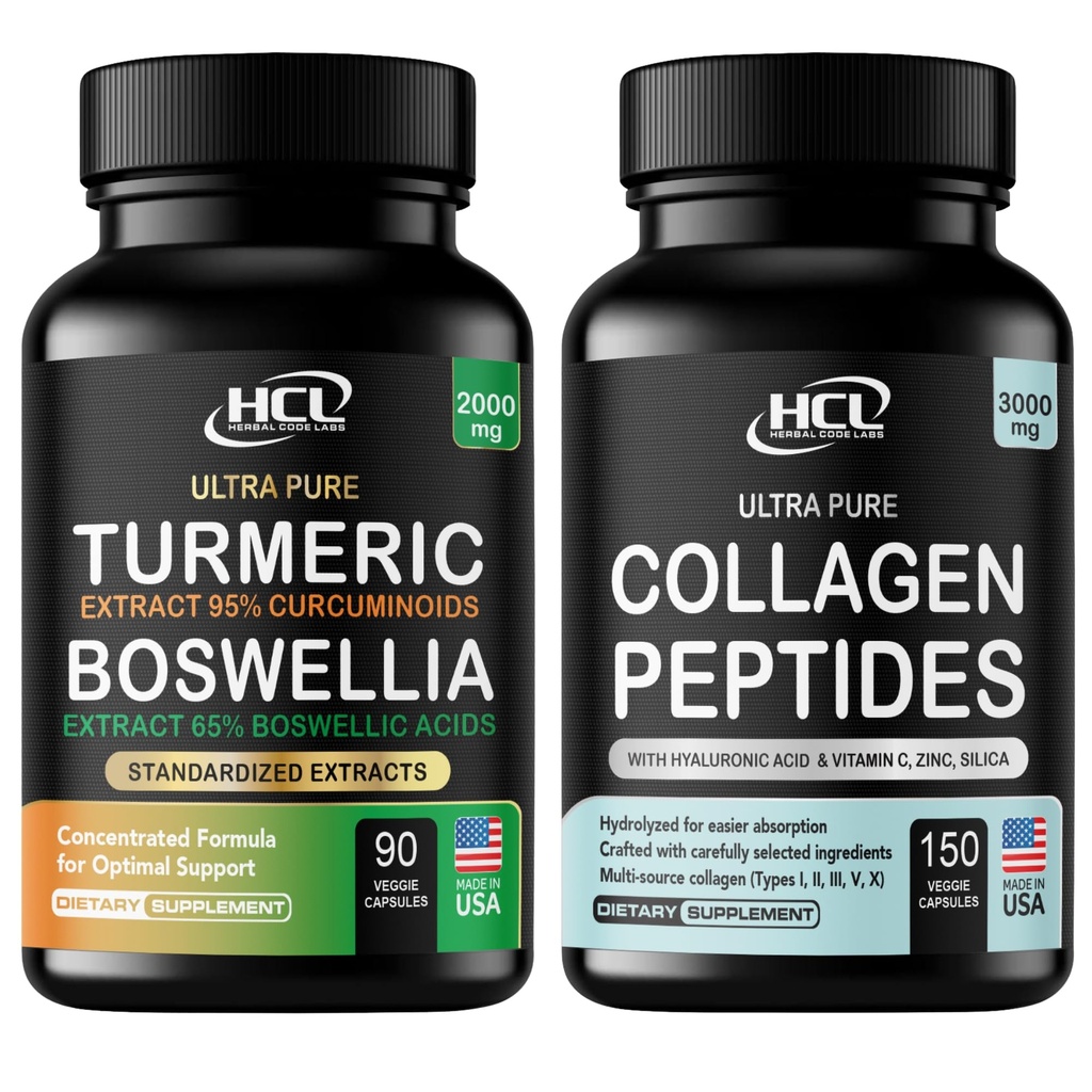 Turmeric Boswellia Extract Supplement 2000 mg + Collagen Peptides Capsules with Vitamin C & Hyaluronic Acid