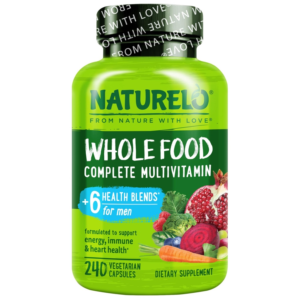 NATURELO Herre Multivitaminer - En daglig Multivitamin til mænd med vitaminer, mineraler & økologiske hele fødevarer, Boost Energy & Health, Non- GMO, 240 vegetariske kapsler