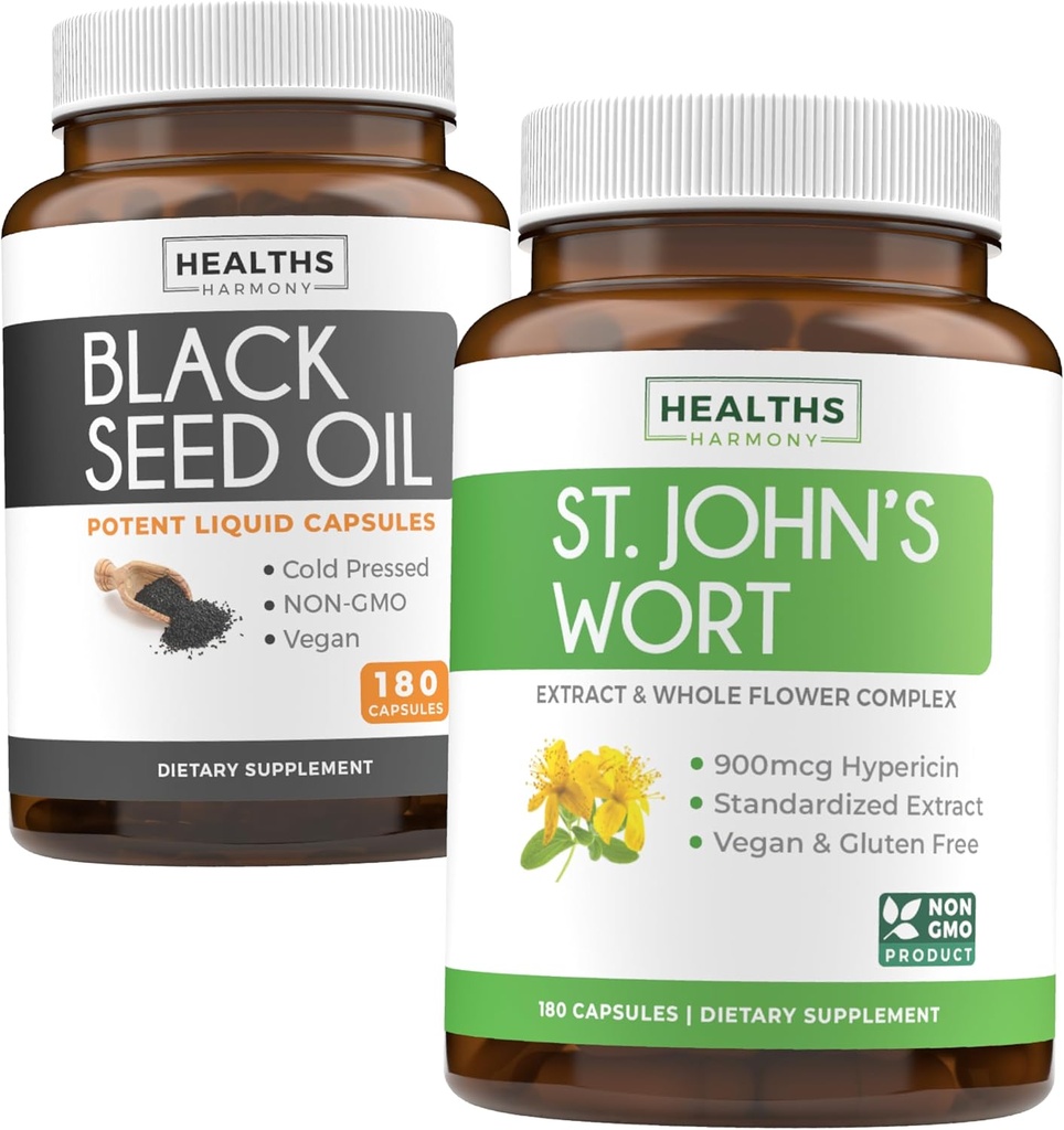 Black Seed Oil & St. John 's Wort (3-måned Supply) Harmony Essence Bundle of Black Seed Oil (180 kapsler) Cold- presset Nigella Sativa & St. John' s Wort (180 kapsler) med kraftfuld 900mcg Hypericin