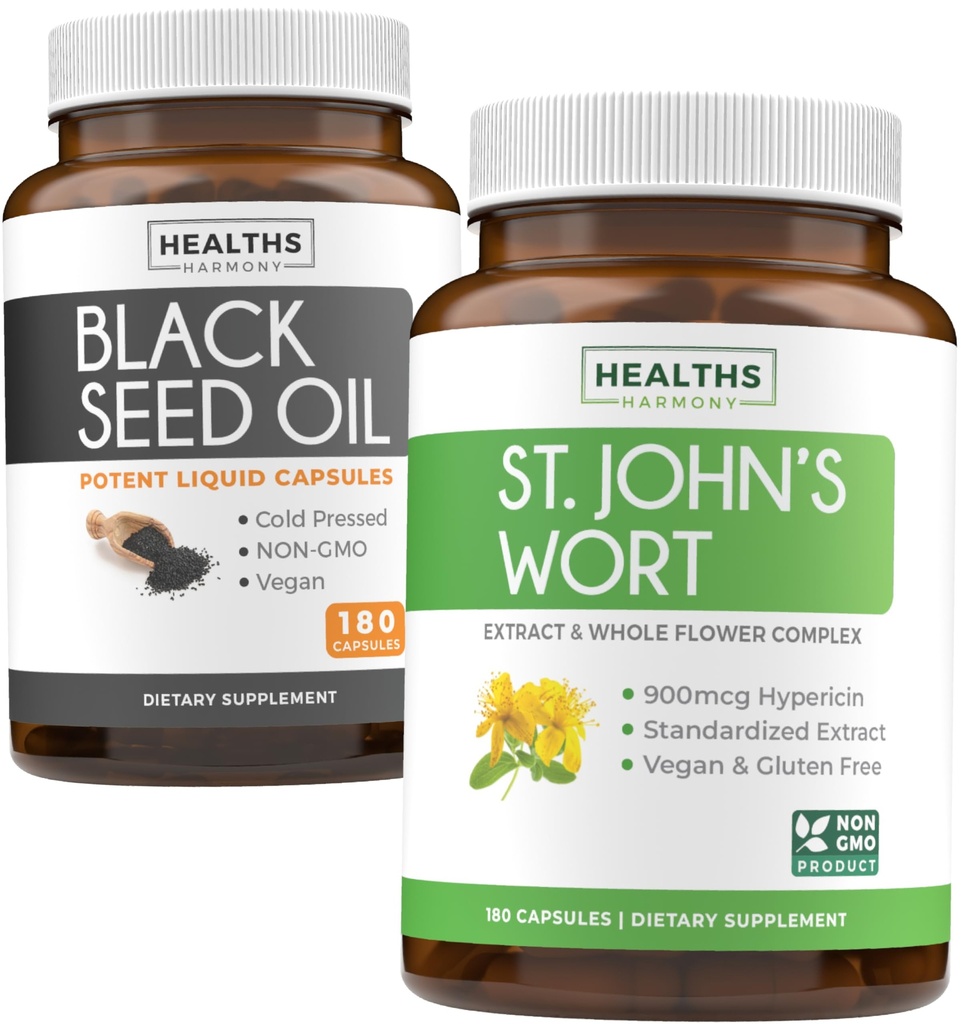Black Seed Oil & St. John 's Wort (3-måned Supply) Harmony Essence Bundle of Black Seed Oil (180 kapsler) Cold- presset Nigella Sativa & St. John' s Wort (180 kapsler) med kraftfuld 900mcg Hypericin