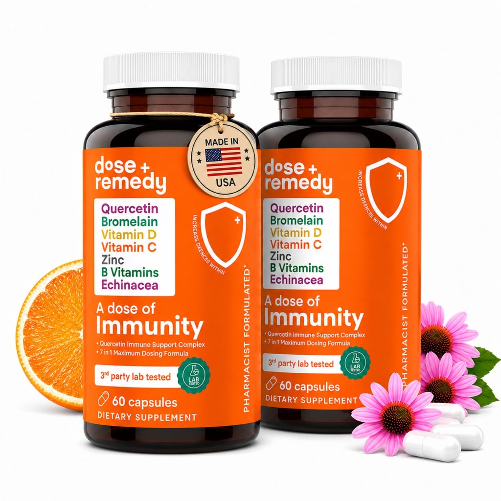 A Dose of Immunity - 7 in 1 Quercetin 500mg Supplement with Bromelain, Zinc, Vitamin C, Vitamin D & Vitamin B Complex Echinacea Immune Support Booster Supplements - 120 Count (2 Pack)