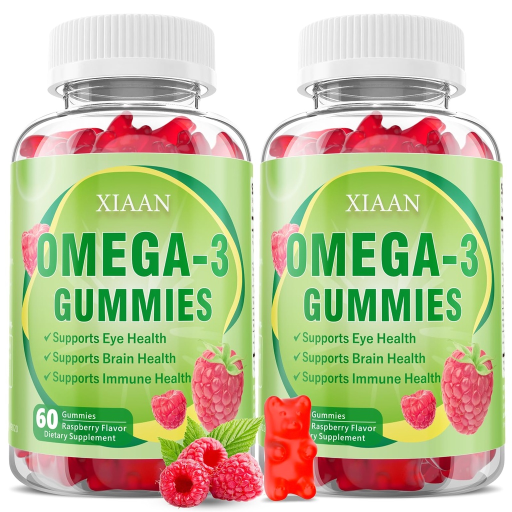 Omega 3 Gummies for Kids & Adults, DHA EPA Omega 3 Supplement for Women & Men Vitamins Omega-3 Fatty Acids 1000mg Support Eye & Brain Health, Sugar-Free/Vegan/Organic, Raspberry Flavor 120 Count
