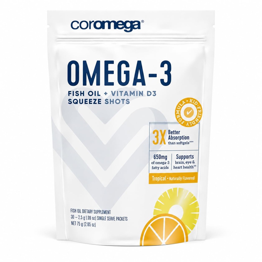Coromega - Omega 3 Tropical Flavor - Fish Oil Squeeze Shots 650mg Fatty Acids - 3X Better Absorption - 30 Individual Packets Kids-Friendly Formula