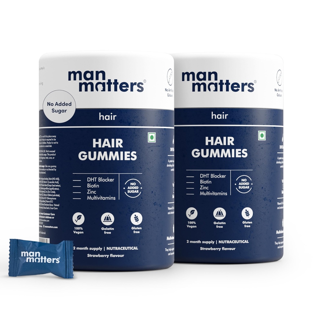 Man Matters Biotin Hair Gummies | Yummy Chewable Strawberry Flavored for Healthy Hair | Pack of 2 (60 Gummies Each)