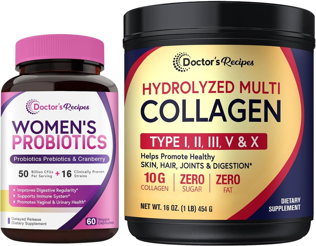 Lægens opskrifter Kvinder Probiotika & Multi Collagen Powder Bundle, Værdi Pack for Vaginal, Hud, Hår, Negle Sundhed, Ingen Gluten, Pro (60 kapsler) & Collagen (45 Servere)