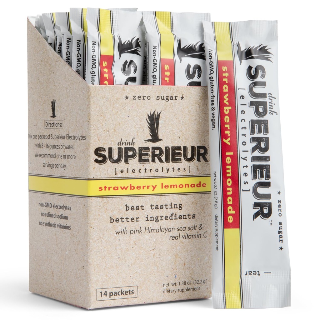Superieur Electrolyte Powder Packe- Vegan Electrolyte Hydration Powder w / Sea Mineral- Keto Friendly, Non- GMO, Zero Sugar Electrolyte Supplement- Sund Sports Drink- Strawberry Lemonade (14 Pakets)