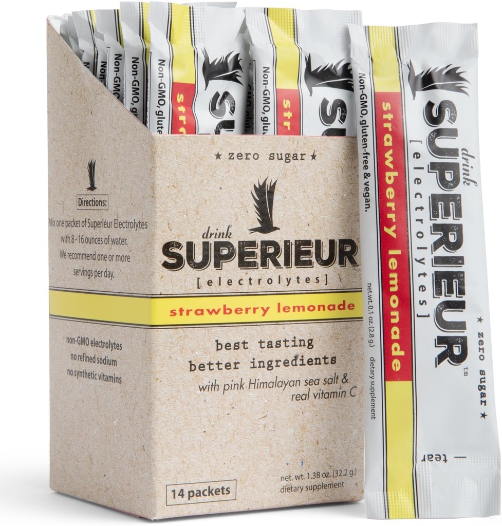 Superieur Electrolyte Powder Packets- Vegan Electrolyte Hydration Powder w/Sea Minerals- Keto Friendly, Non-GMO, Zero Sugar Electrolyte Supplement-Healthy Sports Drink-Strawberry Lemonade (14 Packets)