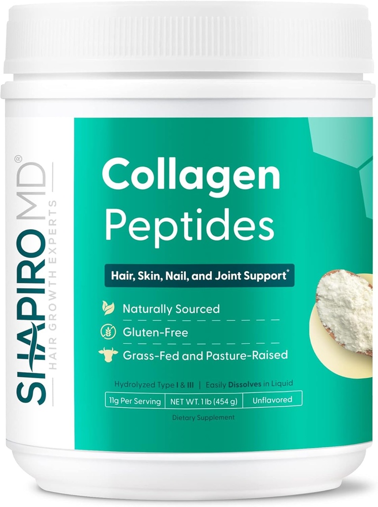 Shapiro MD hårvækst Eksperter Collagen Peptider pulver, Collagen pulver supplement til hår, hud, negle og fælles støtte, I & III Hydrolyzed Collagen for Easy Absorption, 11g Collagen - 16 oz.