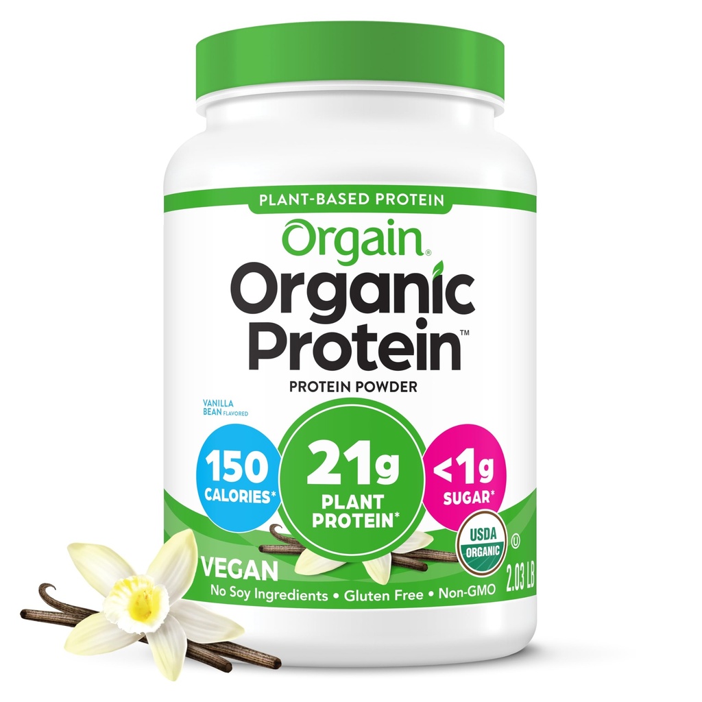 Orgain Organic Vegan Protein Powder, Vanilla Bean - 21g Plant Protein, 6g Prebiotic Fiber, Ingen laktoseingredienser, Ingen tilsat sukker, Non- GMO, For Shakes & Smoothies, 2.03 LB (Packaging May Vary)