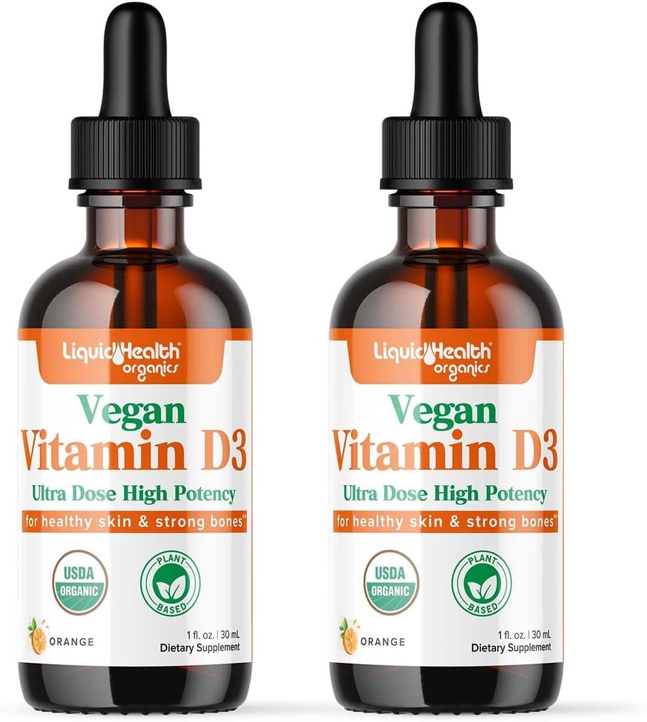 LIQUIDHealth Vitamin D3 4000 IE, USDA Organic Vitamin D Liquid Drops til voksne og børn, Vegan Vitamin D for immunsystemet Support, Knoglesundhed, Mood Support, Sund Hud - Made in USA (2 Pack)