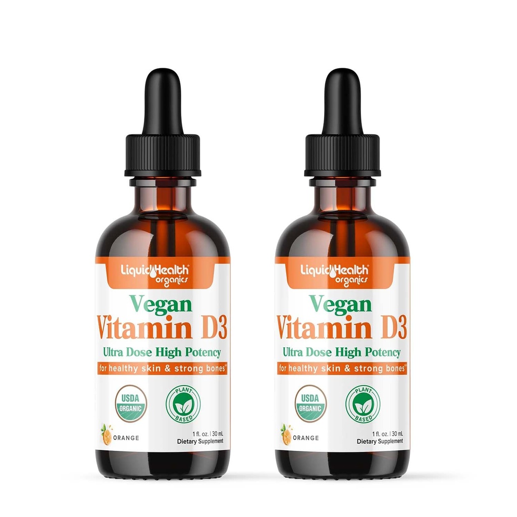 LIQUIDHealth Vitamin D3 4000 IE, USDA Organic Vitamin D Liquid Drops til voksne og børn, Vegan Vitamin D for immunsystemet Support, Knoglesundhed, Mood Support, Sund Hud - Made in USA (2 Pack)