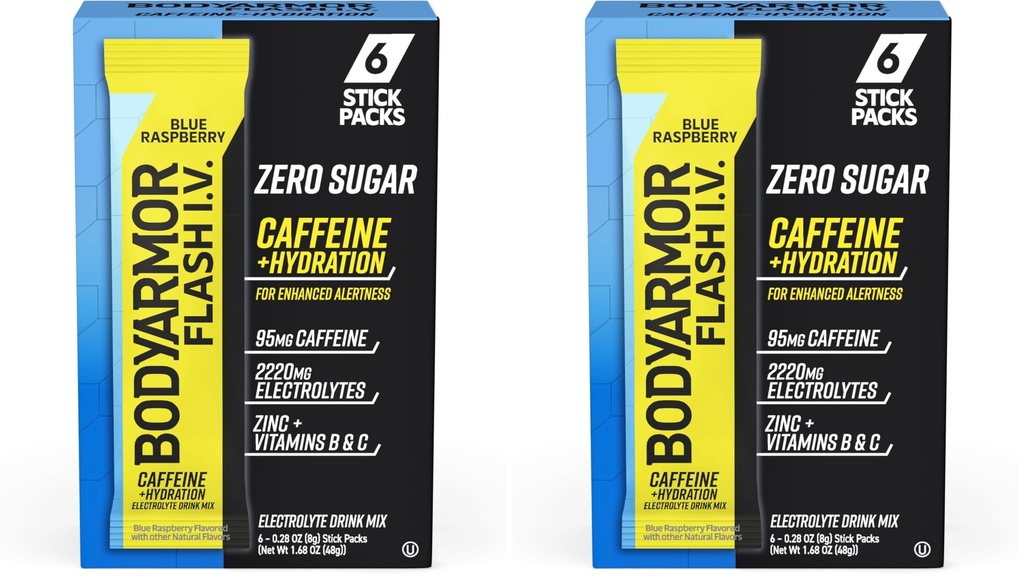 BODYARMOR Caffeinated Flash I.V. Electrolyte Packets Blue Raspberry - Zero Sugar Energy Drink Mix, Serve Packs, Hydration for Pre Workout, Travel Essentials, Active Lifestyle, 6 Count (Pack of 2)
