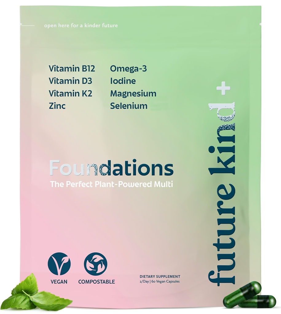 Future Kind Carrageenan- Free Foundations Multivitamin for kvinder og mænd med Omega-3, B12, D3, Zink, Jod, Magnesium, K2 & Selenium, Vegan, Kompostable Bag (60ct)