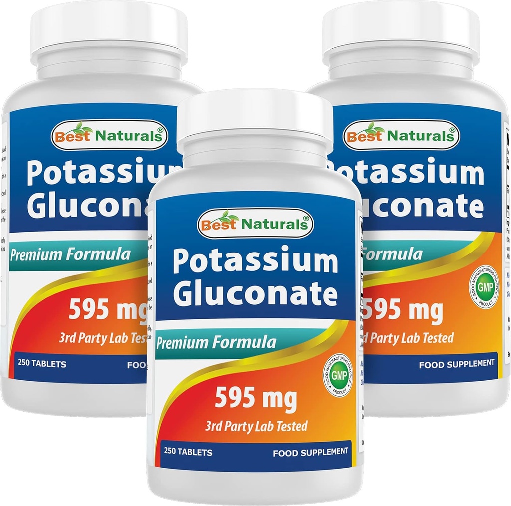Bedste Naturals Kalium Gluconate 595 mg 250 tabletter (250 greve (pakning med 3))