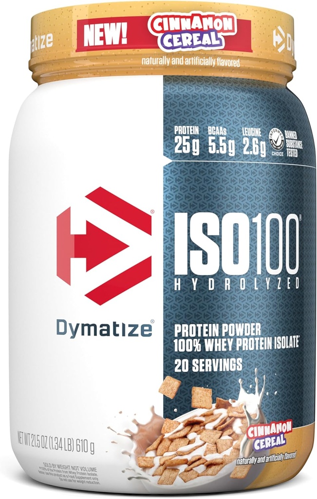 Dymatisere ISO100 Whey Protein Powder Isolate, kanel cereal, 25g protein, 5,5g BCAA, mindre end 120 Cal., Gluten Free, 1g fedt, 1g sukker, 2g Carb (20 Servere)