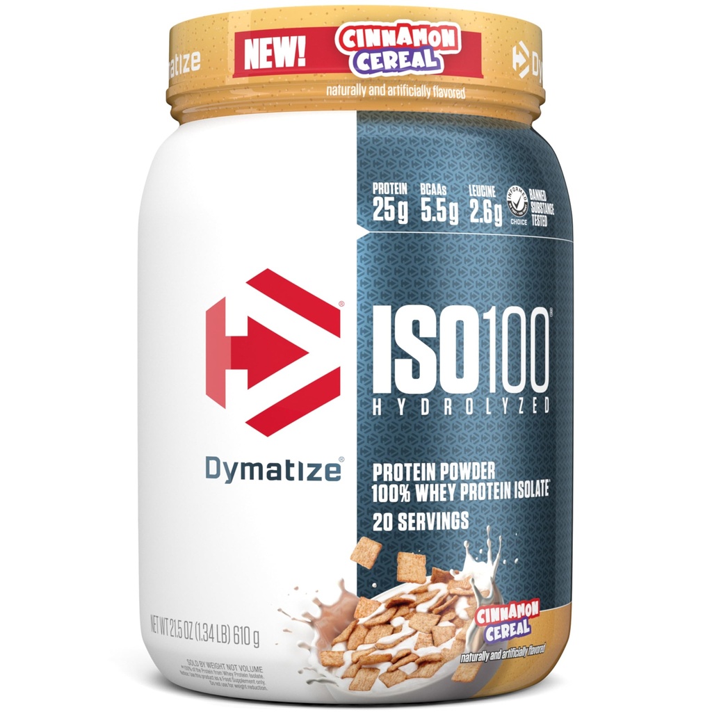 Dymatisere ISO100 Whey Protein Powder Isolate, kanel cereal, 25g protein, 5,5g BCAA, mindre end 120 Cal., Gluten Free, 1g fedt, 1g sukker, 2g Carb (20 Servere)