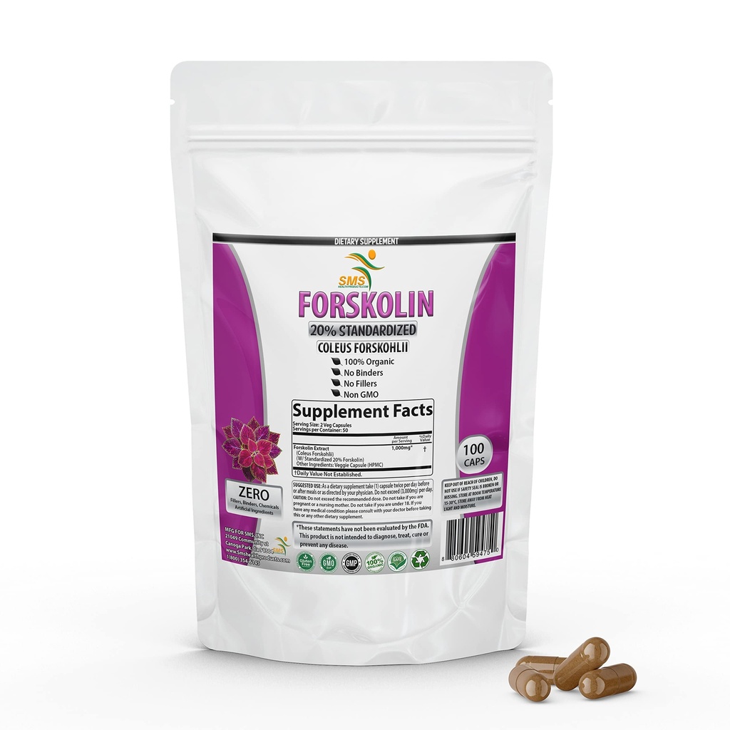 Pure Forskolin Extract Supplement med Potent Coleus Forskohlii 20% Standardized 1000 mg for Enhanced Energy - Plantbased Energy Supplements for Women and Men - 100 Veggie Capsules