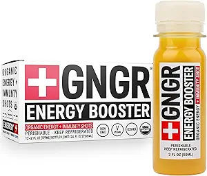 + GNGR Energy Booster & Immunity Shot, Cold- Pressed Ginger Shots med Lions Mane, 75mg af Natural Coffein Green Tea, Gurkemeje Root, Vitamin D & Zink til al naturlig immunforsvar (2 Oz, Pack af 12)